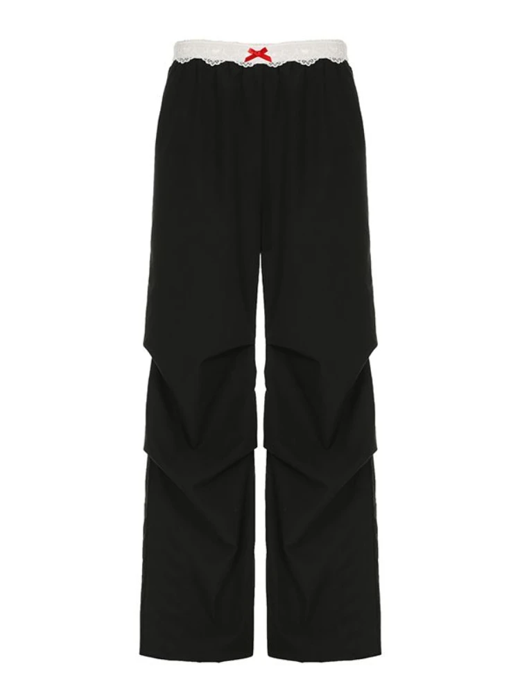 HOUZHOU Vintage Lace Patchwork Pants Women Y2k Streetwear Low Rise Wide Leg Trousers Korean Fashion Casual Black Baggy Pants