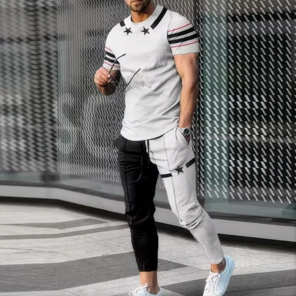 

GELITAYIN Men's Sports Set 2-piece Jogging Suit 3D Printed Summer Fashion New Style Fun Smile Short Sleeved Men's T-shirt+pants