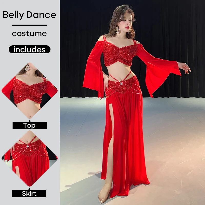 Belly Dance Costume Set Suit Outfit Top and Skirt Sequin Spring Mesh For Adult Women Stage Performance Personal Practice Clothes