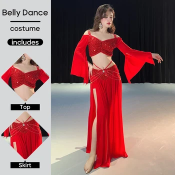 Buikdanskostuum Set Pak Outfit Top en Rok Pailletten Lente Mesh Voor Volwassen Vrouwen Stage Performance Persoonlijke Oefenkleding