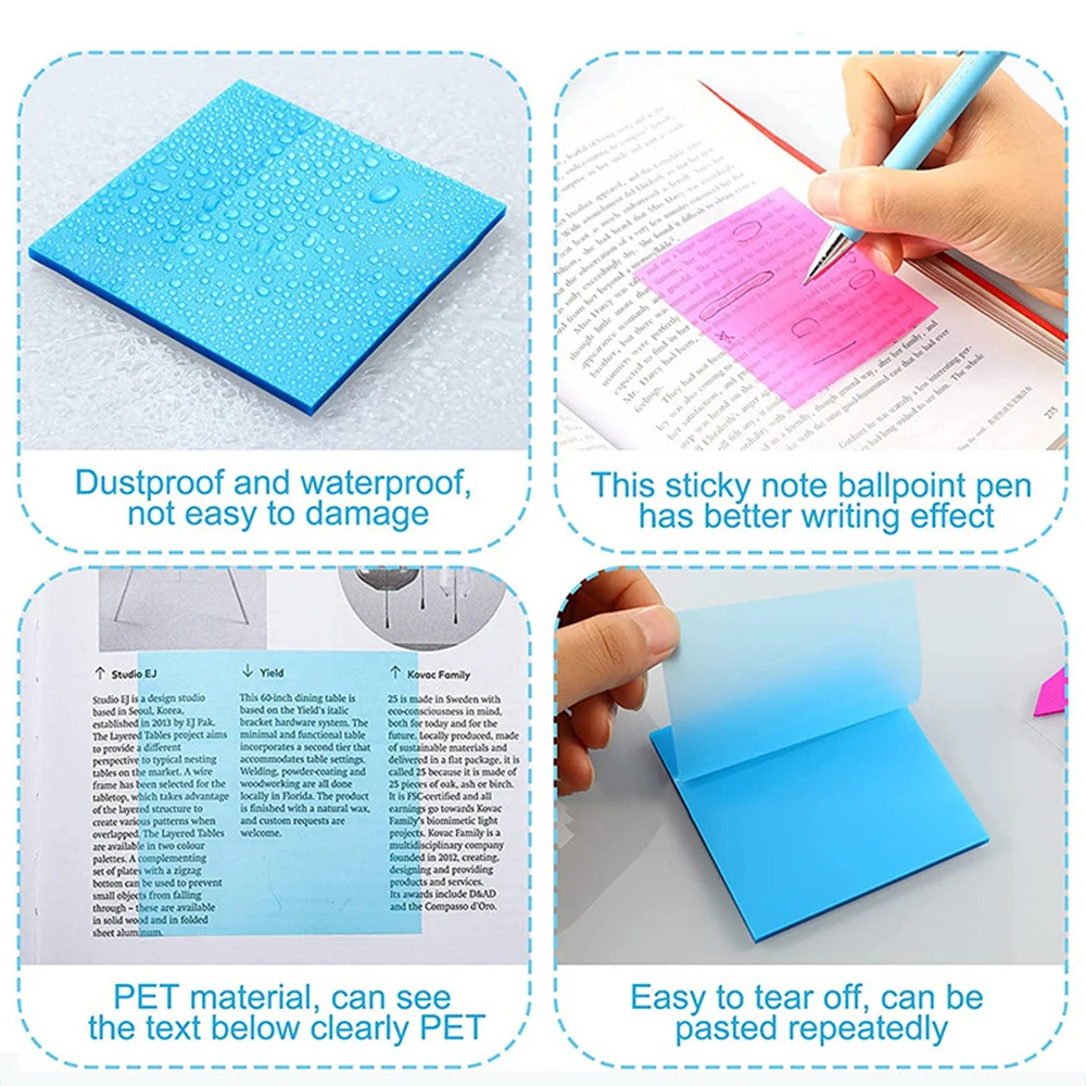 50 Sheets Color Transparent Waterproof Sticky Note Pads Notepads for School Stationery Office Supplies