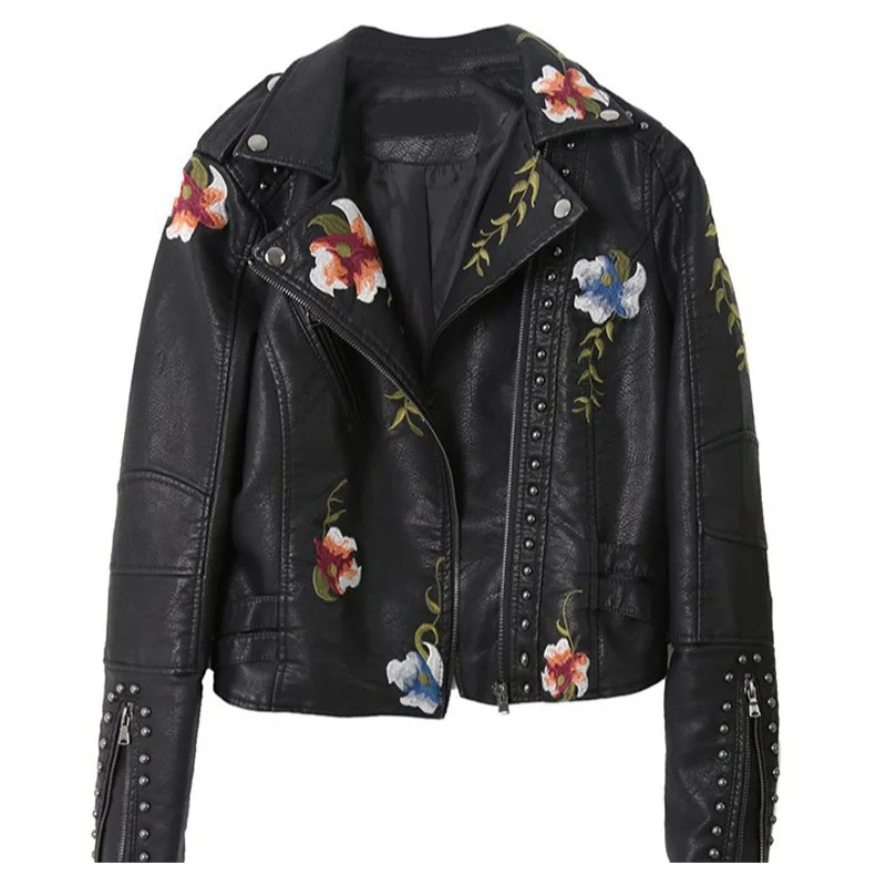 

2025 Spring Cross-border Sourcing Light Luxury Embroidered Studded Women PU Leather Jacket