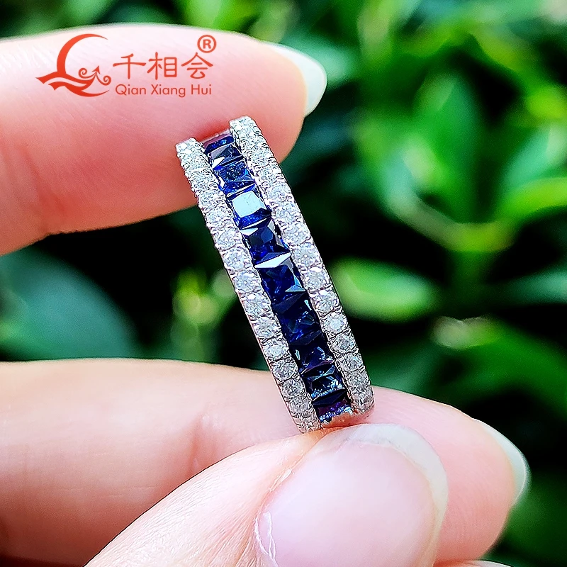 5.5mm lab created grown red ruby blue sapphire square white moissanite half eternity band 925 Silver ring jewelry dating wedding