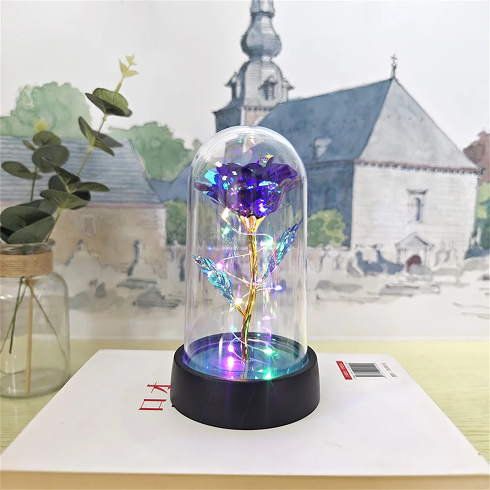 Führte Valentinstag Geschenk für Freundin ewige Rose Licht 24 Karat Goldfolie Blume in Glas abdeckung Muttertag Hochzeit Brautjungfer Geschenk