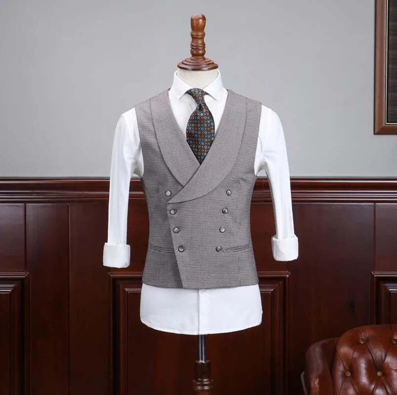 Suits Vest For Men Gray Houndstooth With Lapel Collar Double Breasted Retro Steampunk  Business Vest