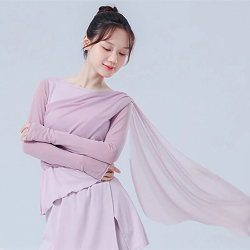 tops-de-danca-modernos-femininos-manga-de-malha-flowy-tule-emendado-camisa-bainha-irregular-corpo-rima-roupas-de-treinamento-palco-chique-blusa-yoga