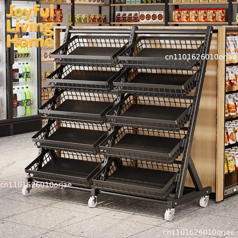 Estante de Exhibición de Cinco Niveles para Aperitivos de Supermercado, Canasta de Exhibición para Tiendas de Conveniencia, Estante para Frutas Frescas, Estante Móvil para Frutas y Verduras