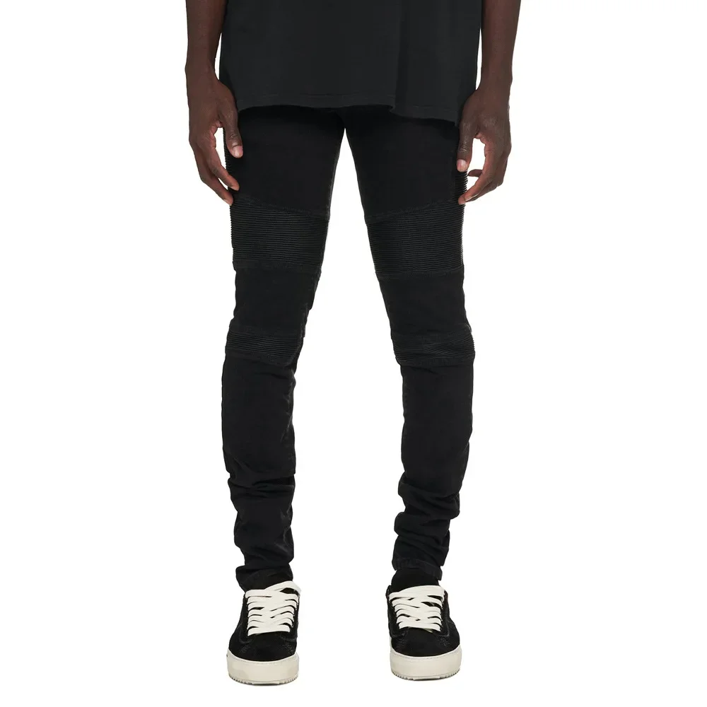 

Pop Four Seasons New Fashion Men's Washed Vintage Spliced Skinny Jean Pencil Pants Casual Trendy Motorcycle Denim Rousers Street