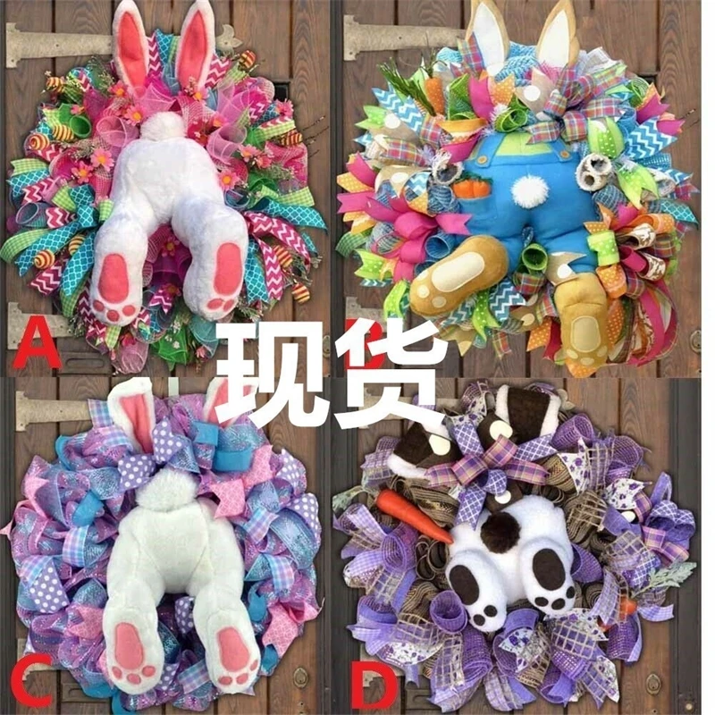 Easter Bunny Wreath Faux Flowers Greens With Ribbon Front Door Table Centerpiece Mantel Home Decor For Kids Families Christmas