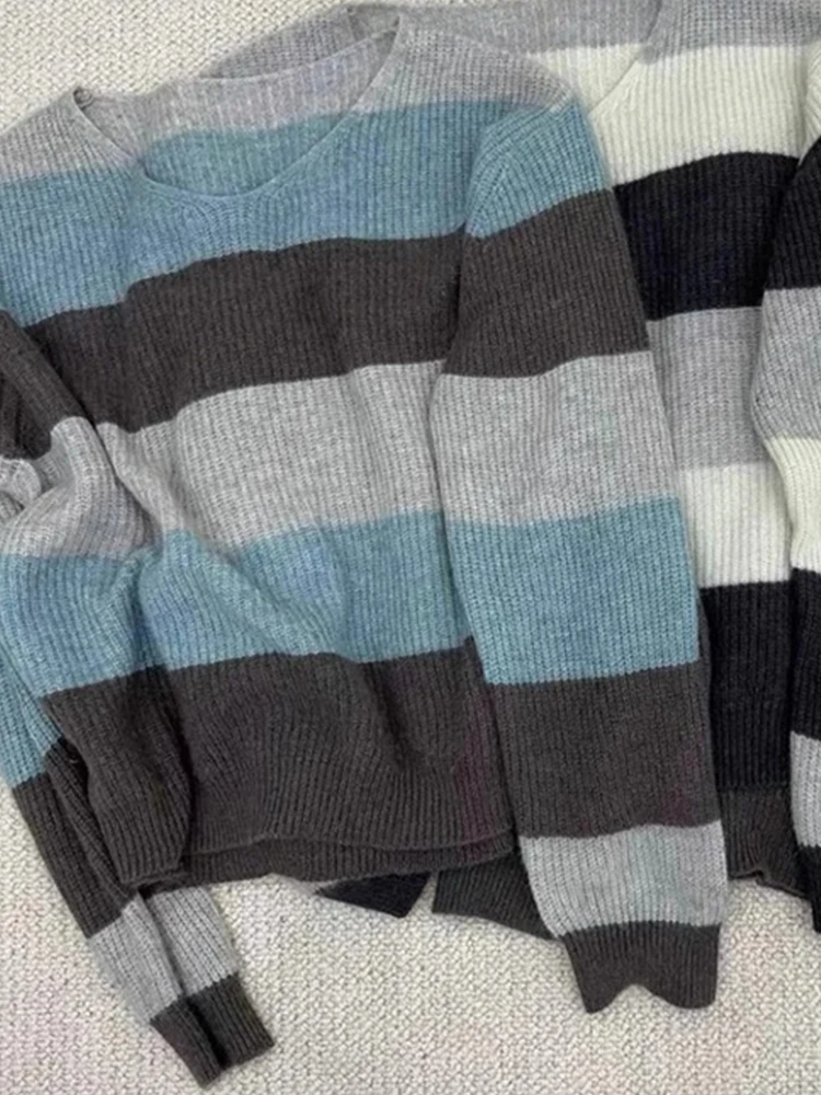 الكورية Sle كسول اللون بلو مخطط سترة صوفية أوائل الخريف Faion تصميم التخسيس العلوي محبوك أعلى المرأة Faion