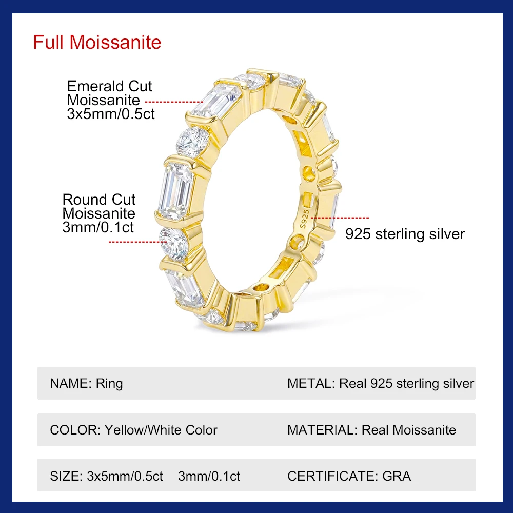 All Moissanite Eternity Ring for Women 3x5mm Emerald Cut & 3mm Round Certified S925 Silver Lab Diamond Promise Wedding Band