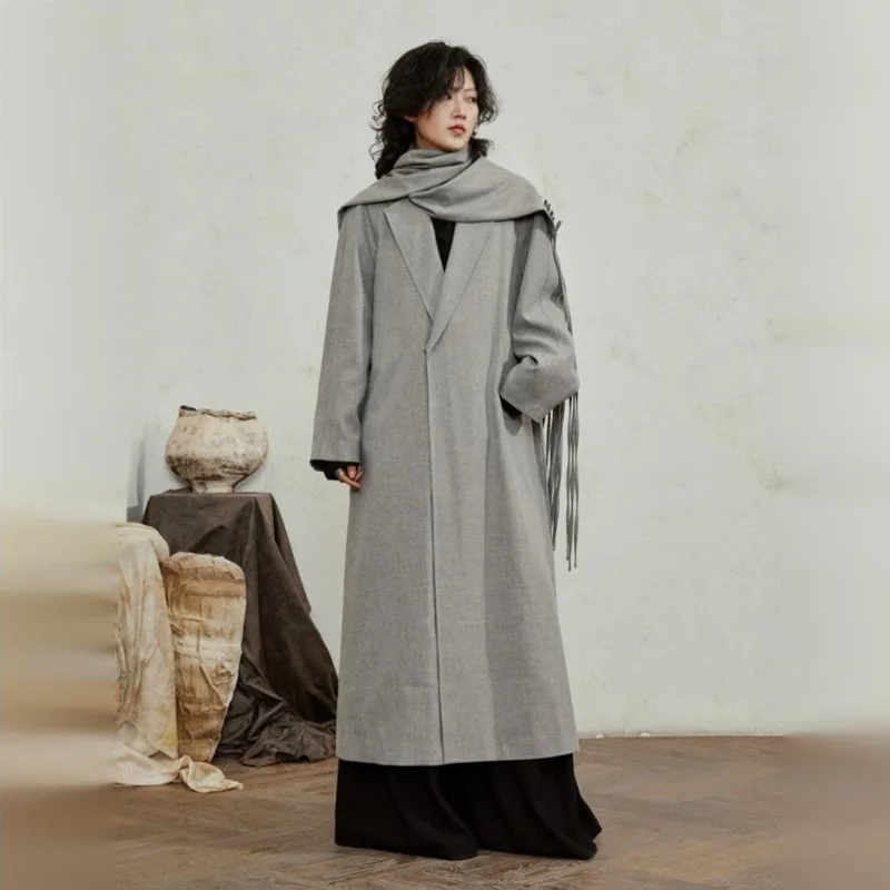 WVGA Autumn Winter New Men's Niche Design Trendy Minimalist Tassel Scarf Two-Piece Sets Long Blazer Casual Trenchcoat Ins W27322