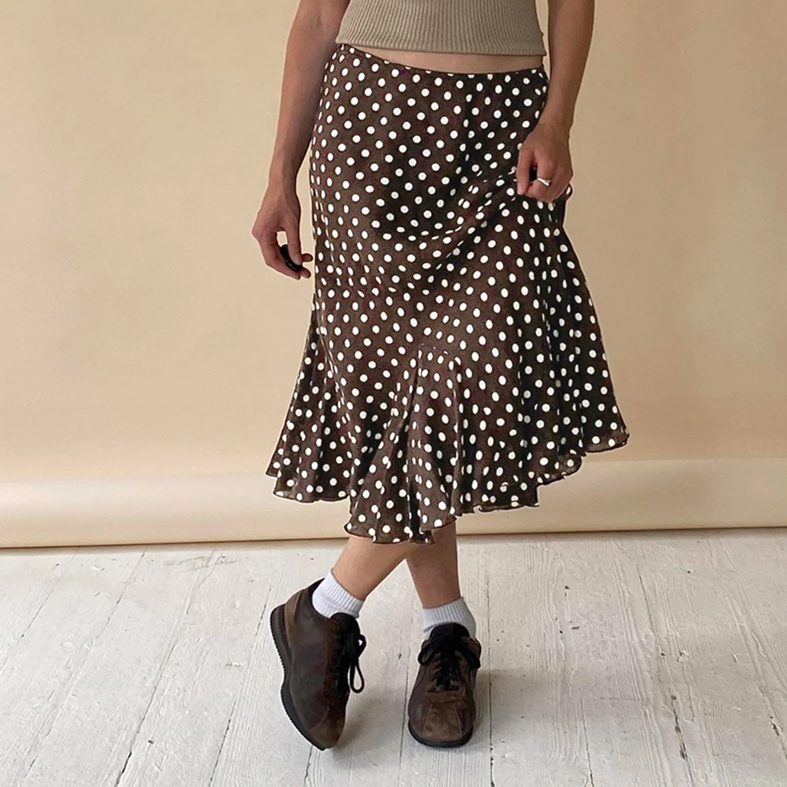 New Fashion Women Summer Dot Print Skirts Casual Elegant Mid Rise Ruffled Hem Midi Skirt For Beach Vacation Streetwear S M L