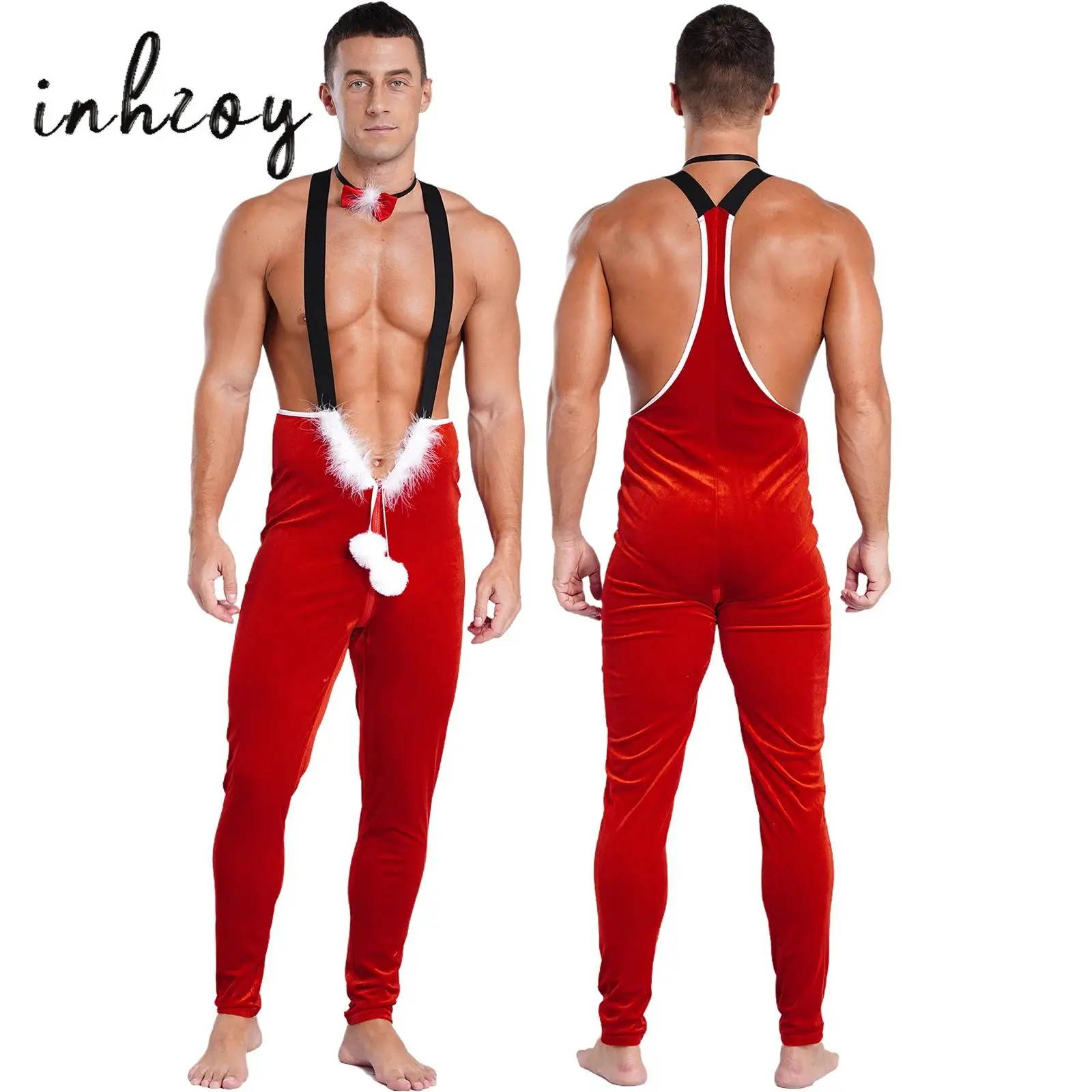 Mens Bowknot Velvet Christmas Costume Sexy Santa Claus Elastic Strap Romper Jumpsuit Outfits Xmas Holiday Underwear Clubwear