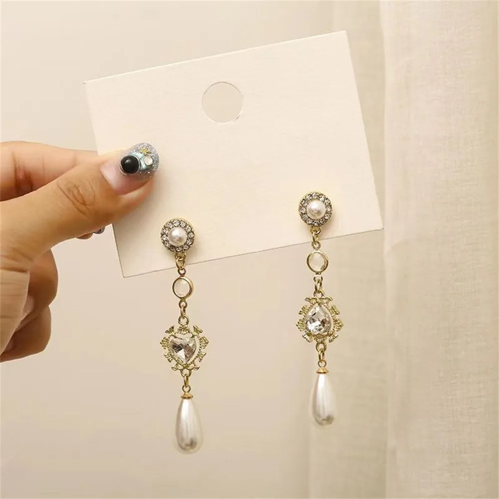 Shiny Temperament Crystal Drop Earrings For Women Pearl Rhinestone Heart Pendant Earrings Retro Long Tassel Charm Jewelry Sets