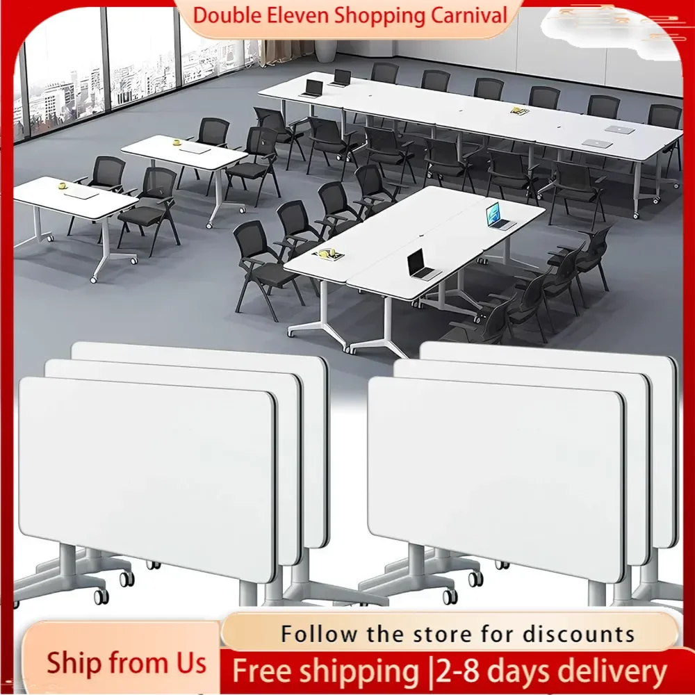 Foldable Flip Top Mobile Training Table,Modern Rectangle Meeting Seminar Table with Silent Wheels Waterproof Desktop