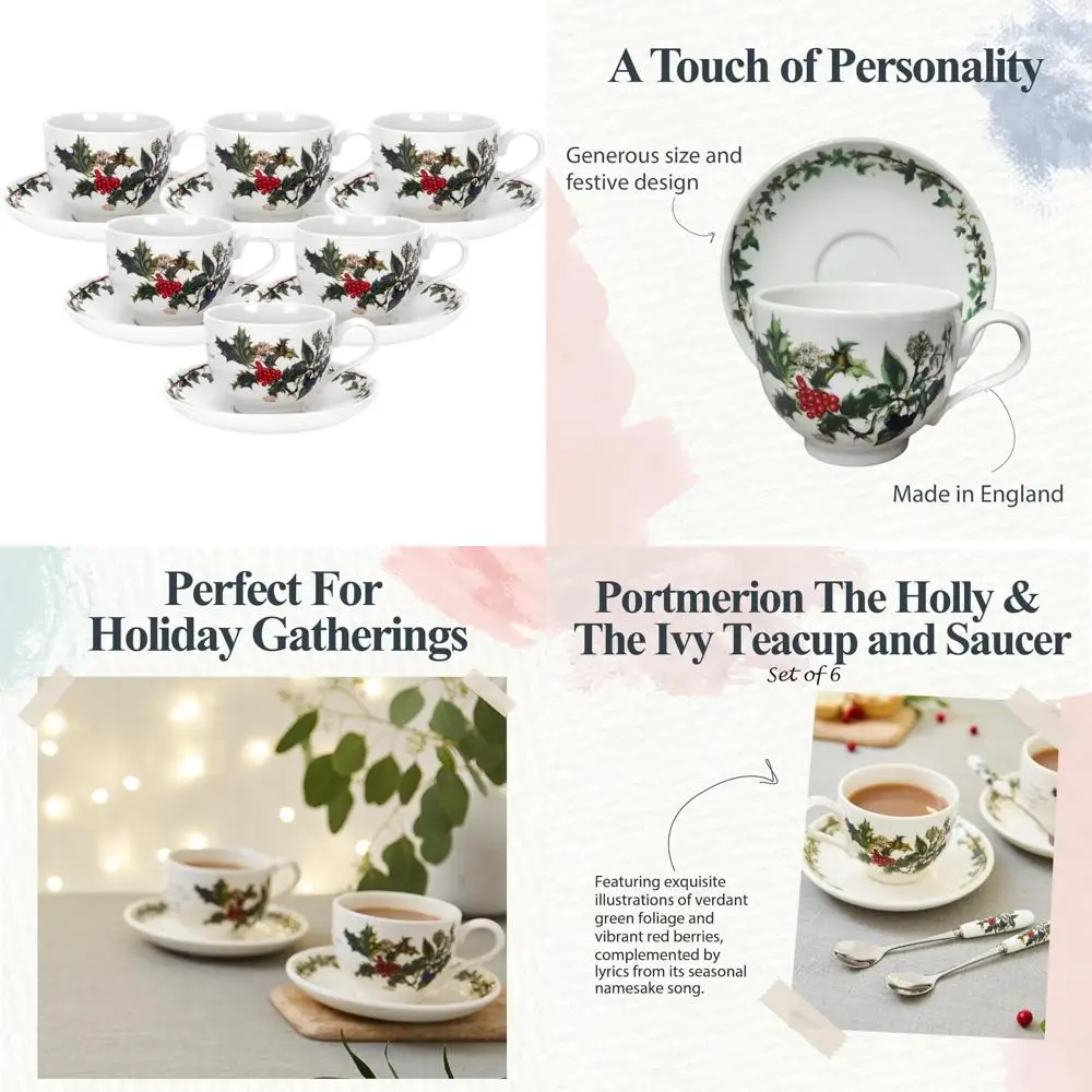

Set of 6 Holly and Ivy 7 oz Holiday Teacups and Saucers - Earthenware Christmas Tea Party Tableware