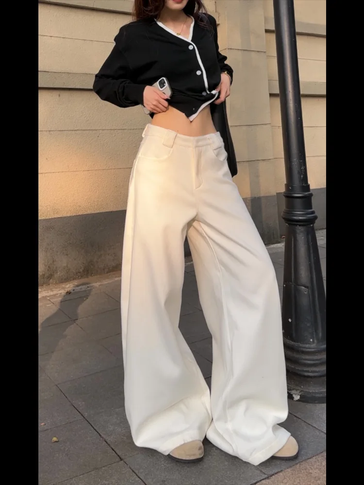 

Simple High Waist Wide Leg Pants Woolen Material Loose Slimming Straight Cut Winter Sle Thi Cotton Long Trousers for Ladies