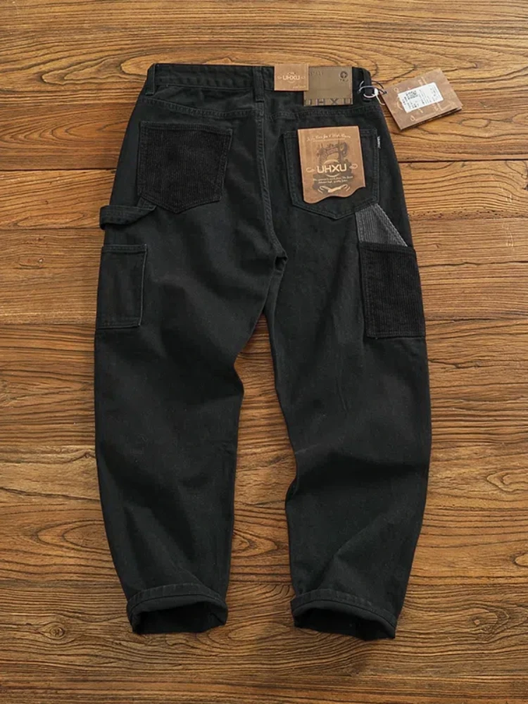 Pantaloni cargo multitasche lavati alla moda larghi in twill intrecciato pesante vintage americano autunno e inverno