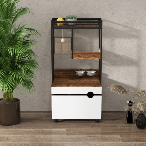 

New 3-in-1 Furniture, Cat Basin Fence With Tree Tower, Bowl Feeder And Food Locker