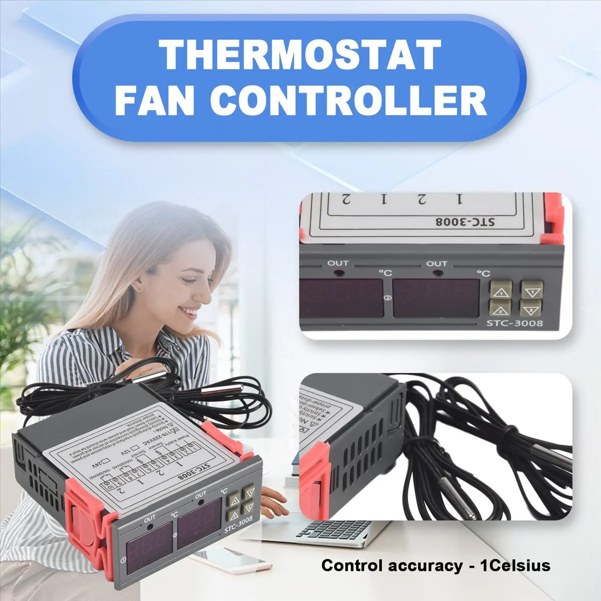 AT477 Premium-Digital Thermostat Temperature Controller -3008 Thermometer Sensor Hygrometer AC110-220V