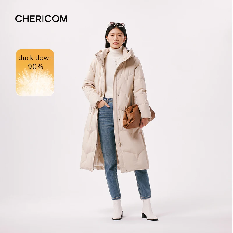 Chericom Women's Winter Down Jacket Outerwear 2024 New Long Warm Duck Down Hooded Padding Loose Casual Puffer Coat 299199