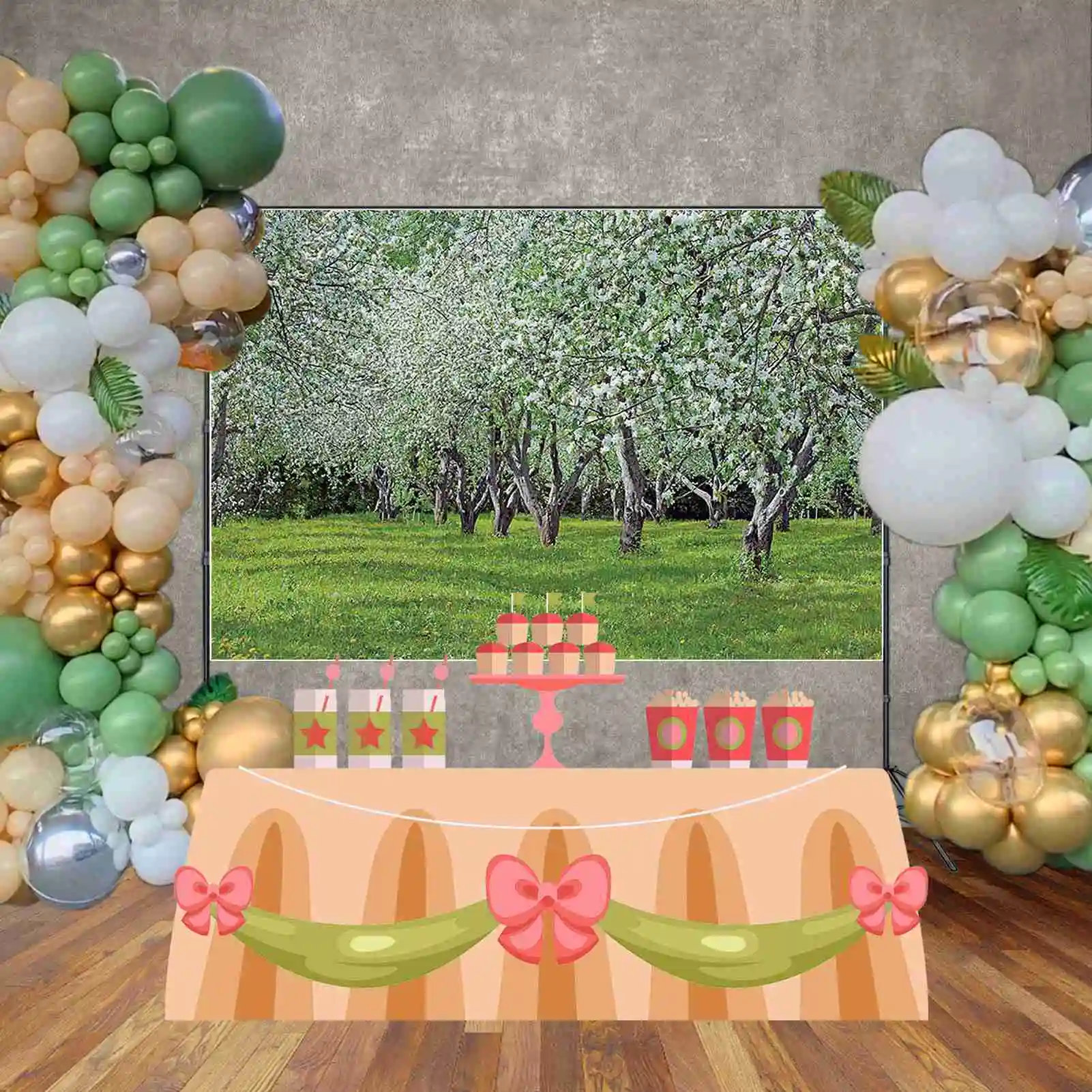 MOON.QG 요정 용수철 사진 배경, 녹색 잔디 나무 꽃 포토존 배경, 어린이 사진 스튜디오 포토부스 용품