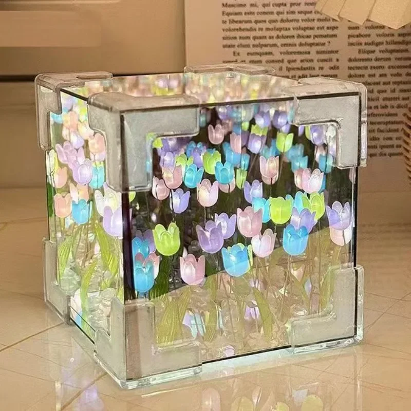 Creative Diy Tulip Flower Sea Cube Three-Dimensional Small Night Lamp Material Package for Girlfriend Couple Girlfriend