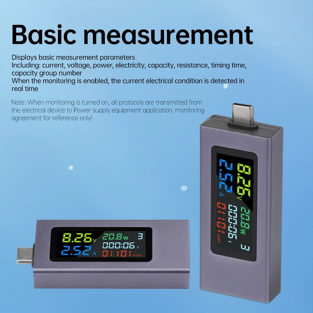 Multi Functional Type-C Voltage Current Power Meter Temperature Timer Color Screen Digital Display Capacity Impedance Tester