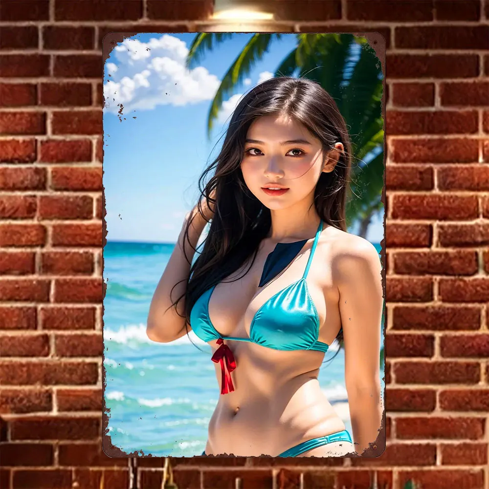 Vintage Aluminium Tropical Ocean Palm Scenery Tin Sign, Seaside Rusty Worn Wall Decor for Beach Bar & Home