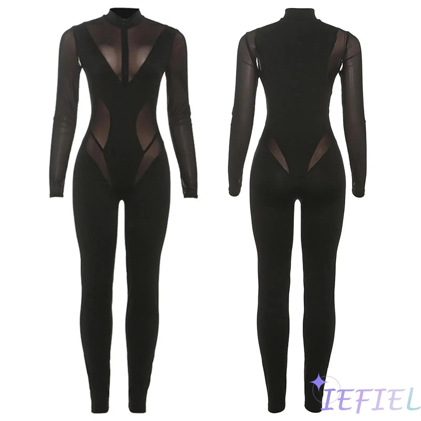 

Women's Gymnastics Figure Skating Jumpsuit Long Sleeve Front Zip Slim Sheer Mesh Patchwork Bodysuit Rompers Ballroom Dancewear