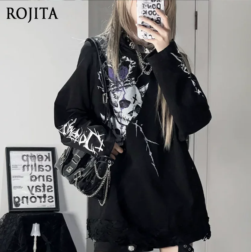 Gothic Raglan Hooded Long Sleeve Top Black White Color Block Skull Red Heart Cross Graphic Print Distressed Hem Punk Hoodie