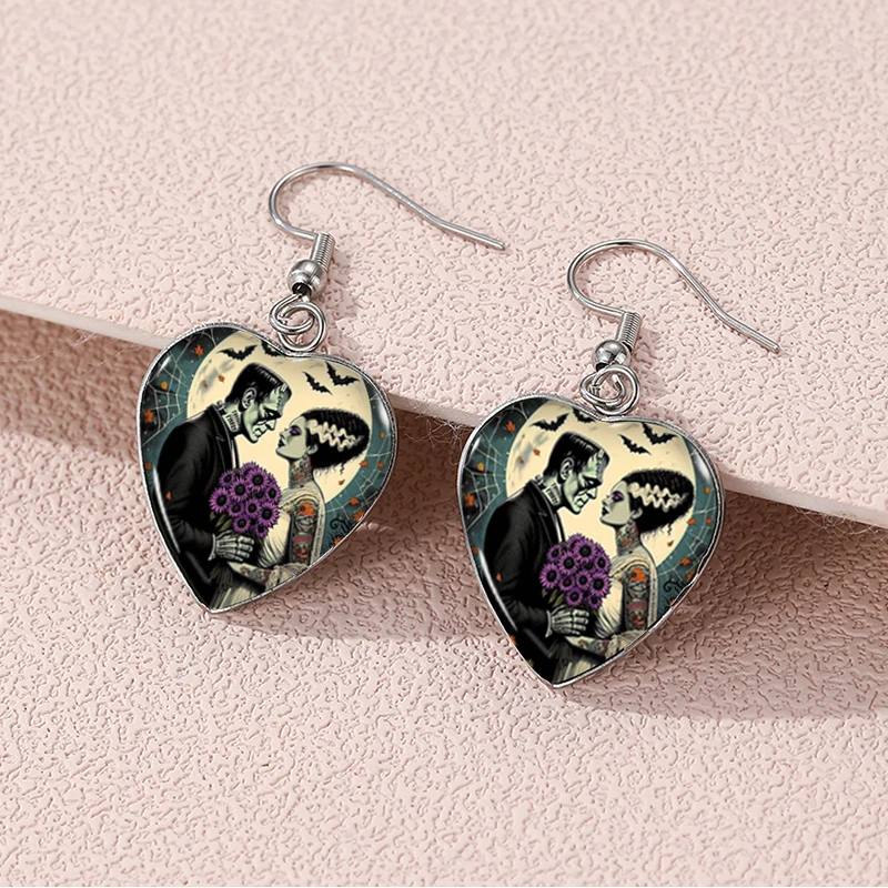 2024 New Frankenstein\'s Monster Dangle Earring Heart Shaped Earrings Handmade Glass Dome Jewelry