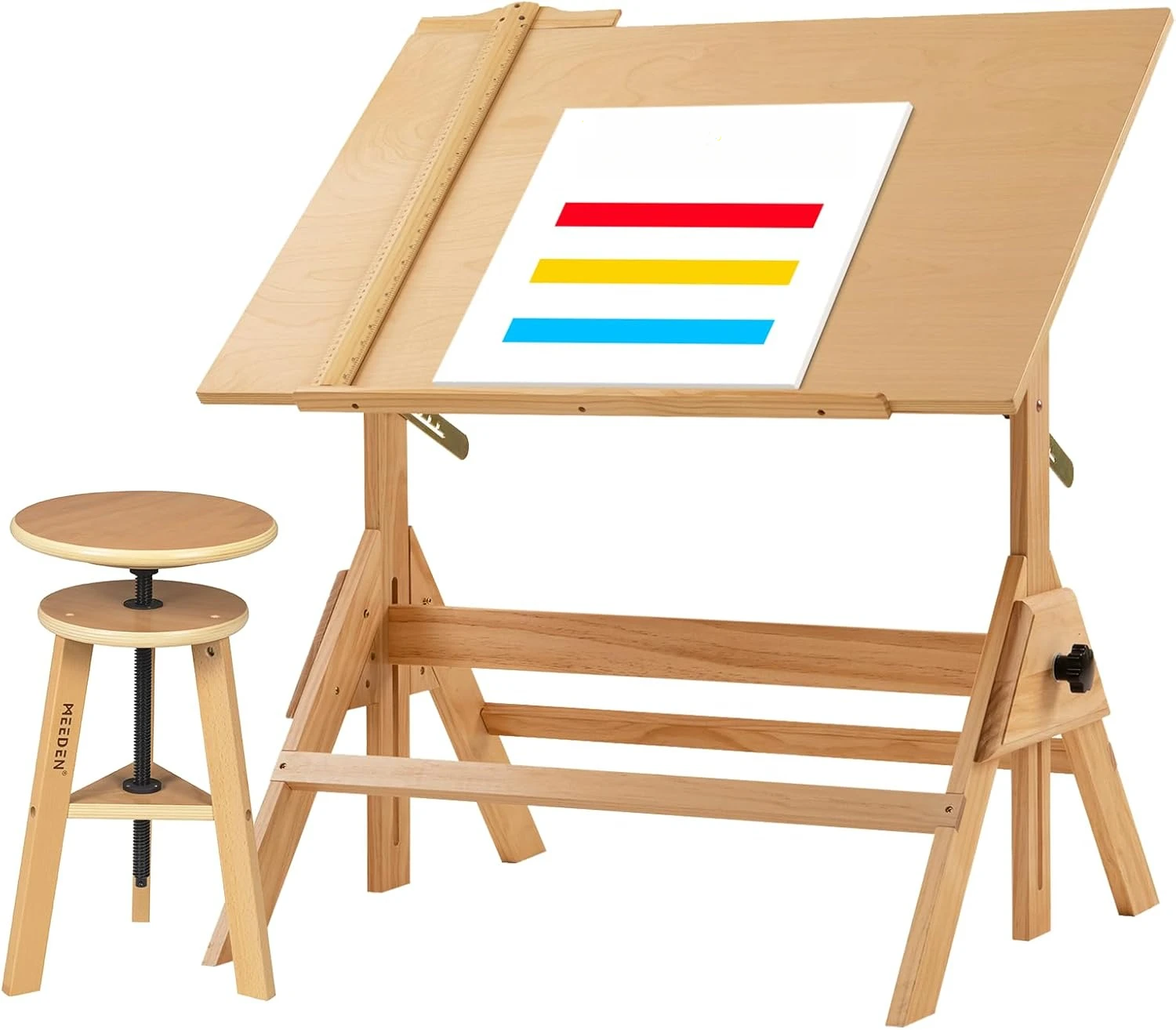 Wood Drafting Table & Stool Set,Artist Stool and Craft Table with Adjustable Height,Tiltable Tabletop for Artwork