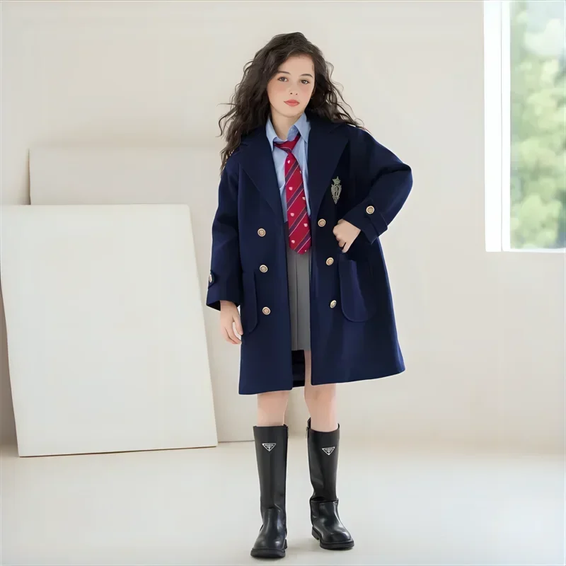 Manteau mi-long en laine de style preppy pour filles, veste d'école pour enfants, vêtements optiques chauds pour adolescents, bleu marine, tout match, décontracté, hiver