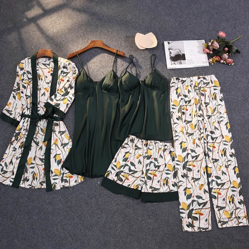 Pajamas Five Piece Set Sexy Print Flower Sleepwear Female Satin Kimono Bath Robe Gown Spring Summer Loose Homewear Lounge Wear