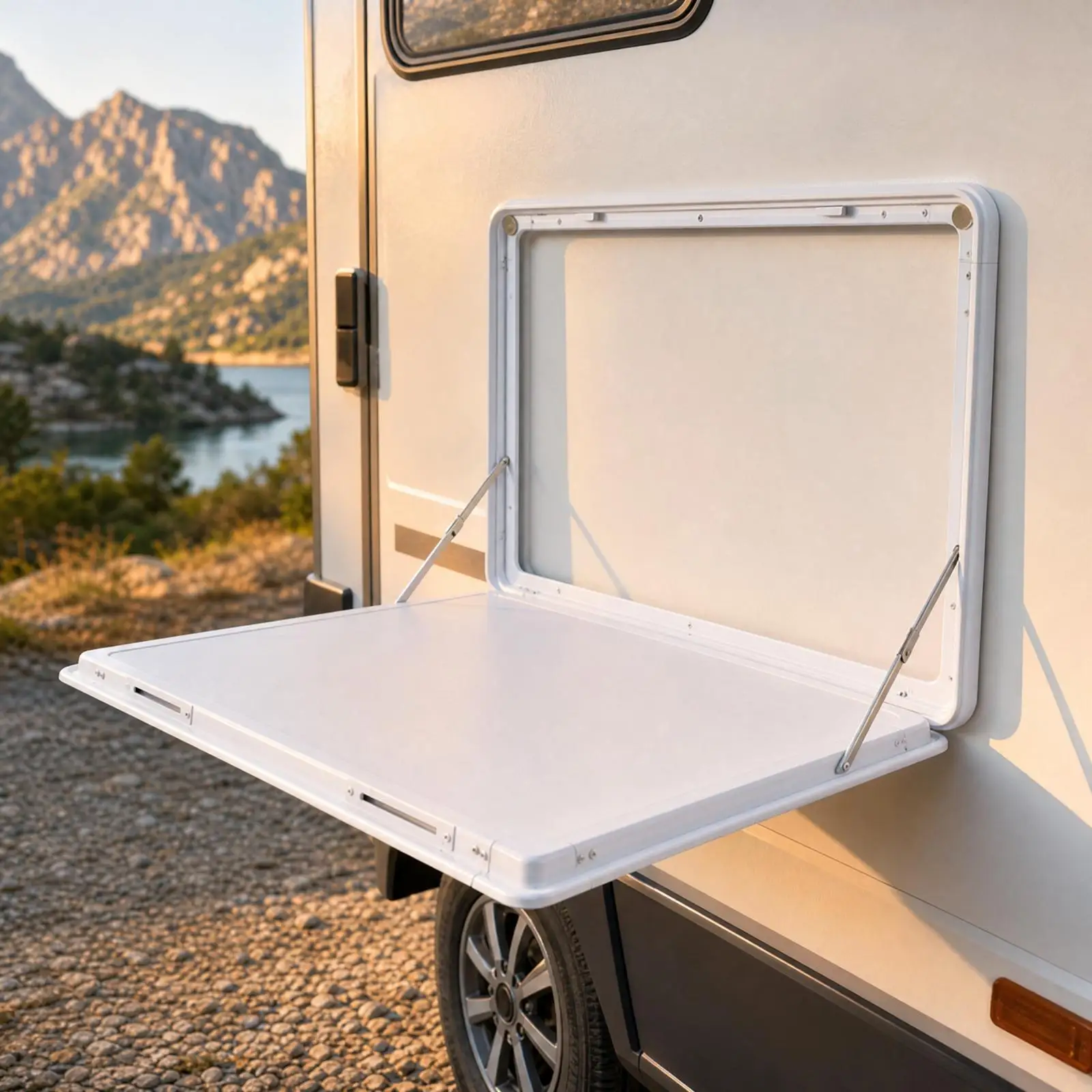 RV Exterior Fold-down Table Wall-Mounted Motorhome Fold-down Table Lockable for Camping, Road Travel, Food Prep