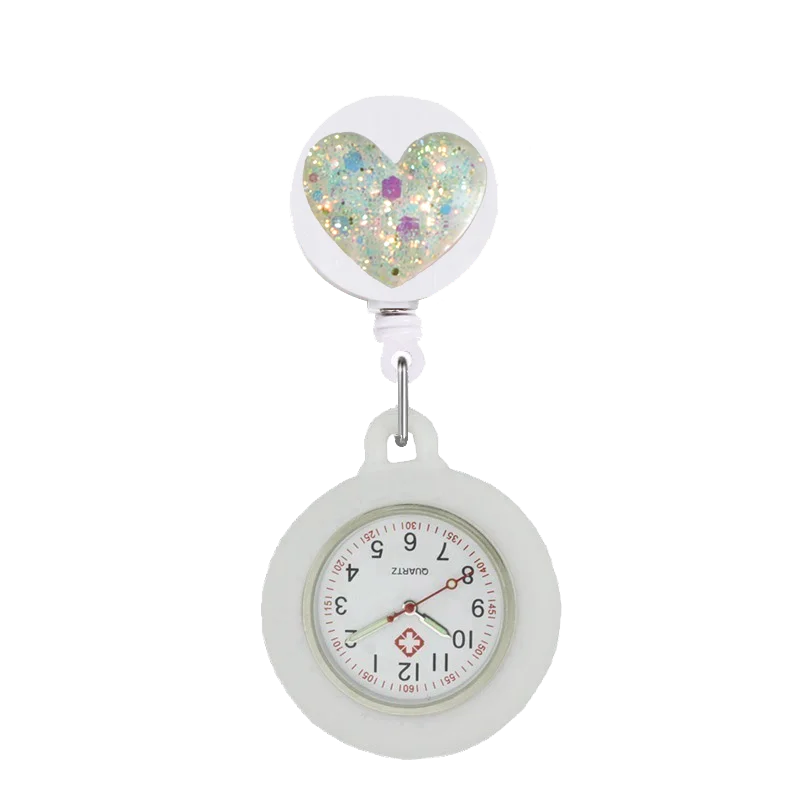 YIJIA-reloj de bolsillo para enfermera, accesorio con purpurina en polvo, corazón, carrete de insignia retráctil, con funda de silicona y puntero luminoso