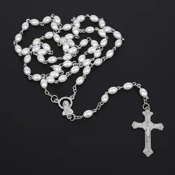 White Oval Pearl Rosary Necklace For Women Catholic Religious Crucifix Cross Pendant Gold Silver Color Chain Men Prayer Jewelry