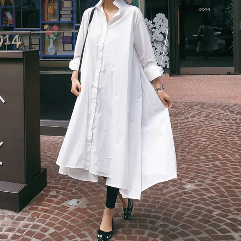 

Spring Summer Women's Long Sve Casual irt Midi Dr Faionable Bla White Asymmetrical Korean Sle Cotton Collar