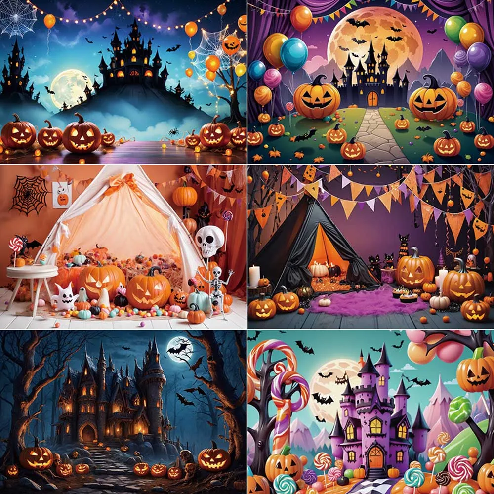 

MOON.QG 2025 Halloween Party Backdrop Curtain Tent Jack O Lantern Castle Photo Studio Background Children Photography Back Drop