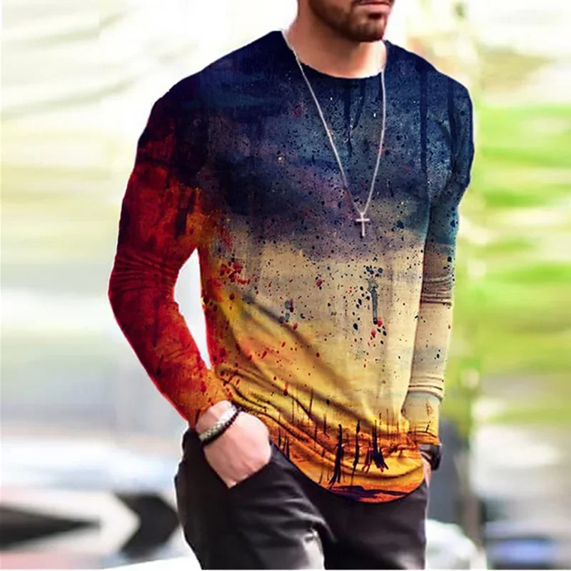 

XS-6XL Plus Size Men's Clothing Fashion T-Shirts Autumn Long Sleeve Tie-dye Gradient Street Tee 3D Printing Oversized Male Tops