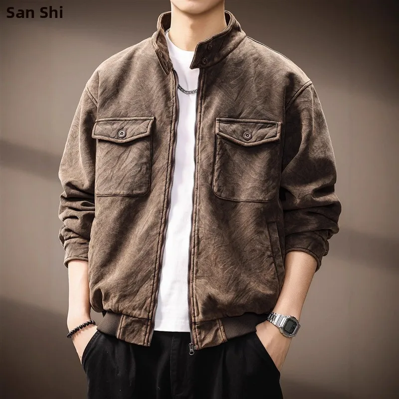 

Высококачественная рабочая одежда в полоску зебры, джет с воротником-стойкой, мужское осеннее новое кожаное пальто в американском стиле ретро с восковым ощущением