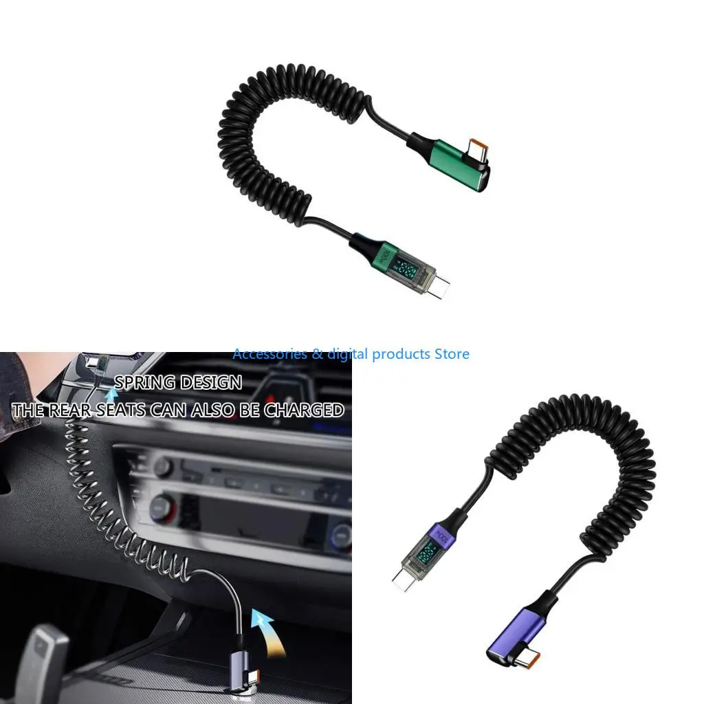 77JD Spring Coiled USB C Data Cable Charging Cord Support PD100W Quick Charging with Digital Display Stretchable 35cm~180cm