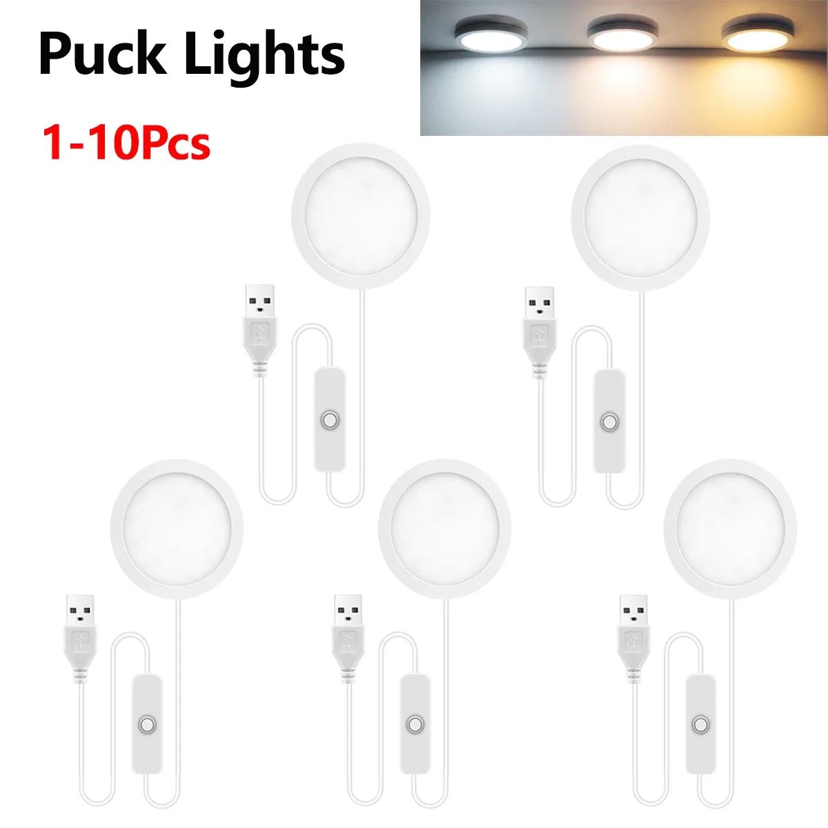 1-10Pcs LED Panel Light Set Ultra-thin Design 5W Aluminum Mini Puck Lights with USB Plug Swtich,For Cabinet Wall Ceiling Decor