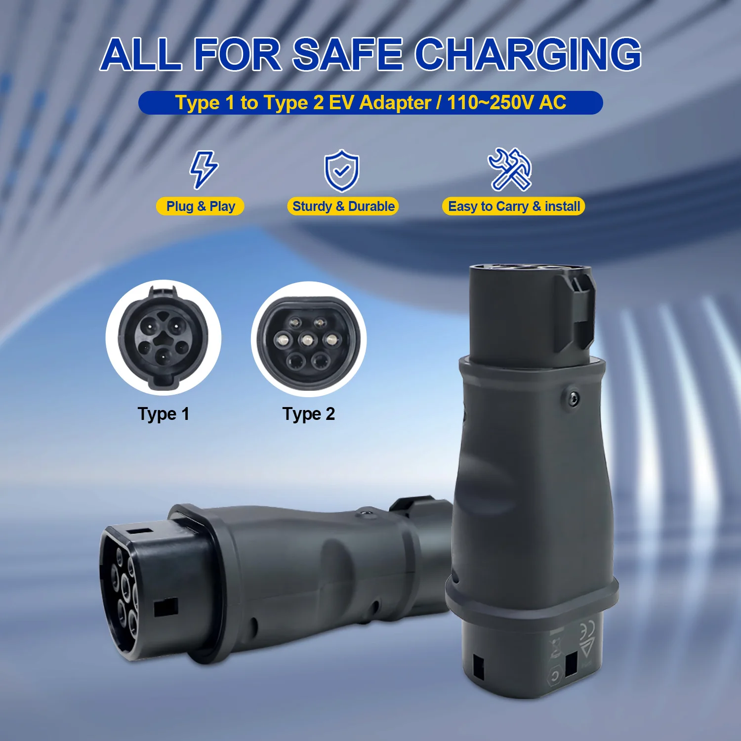 Type1 إلى Type2 EV مهايئ شاحن 32A 7.2kw EV موصل شاحن SAE J1772 المقبس نوع 1 إلى نوع 2 محول مهايئ شاحن