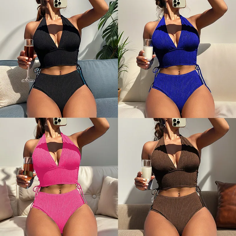 2024 Sexy Bikini-Split-Badeanzug mit hoher Taille und Schnürung