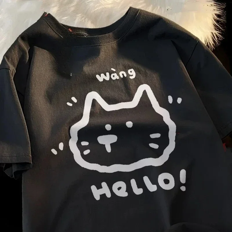 Short-sleeved T-shirt with Dog Print and Simple Design, Everyday Round Neck Style, Perfect for Summer Street Fashion.Personality