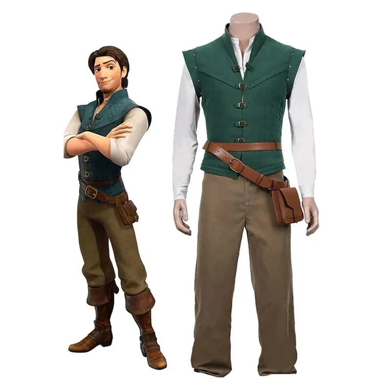 

♥ Новинка 202, костюм для косплея Flynn Rider, зеленый жилет, белая рубашка, коричневые брюки, карнавальная форма для взрослых, аниме, костюмы на Хэллоуин ★ ☆ ly99