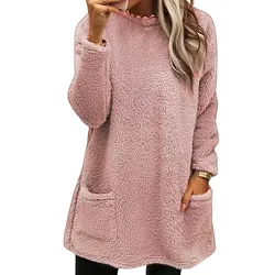 Sweat-shirt à manches longues avec poches imprimées pour femme, haut à col rond, pull doux et chaud, hiver
